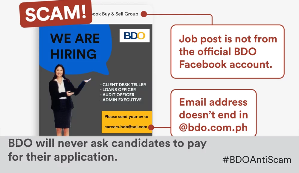 BDO anti-scam - job recruitment scam - bdo recruitment - payments from applicants - BDO recruitment scam