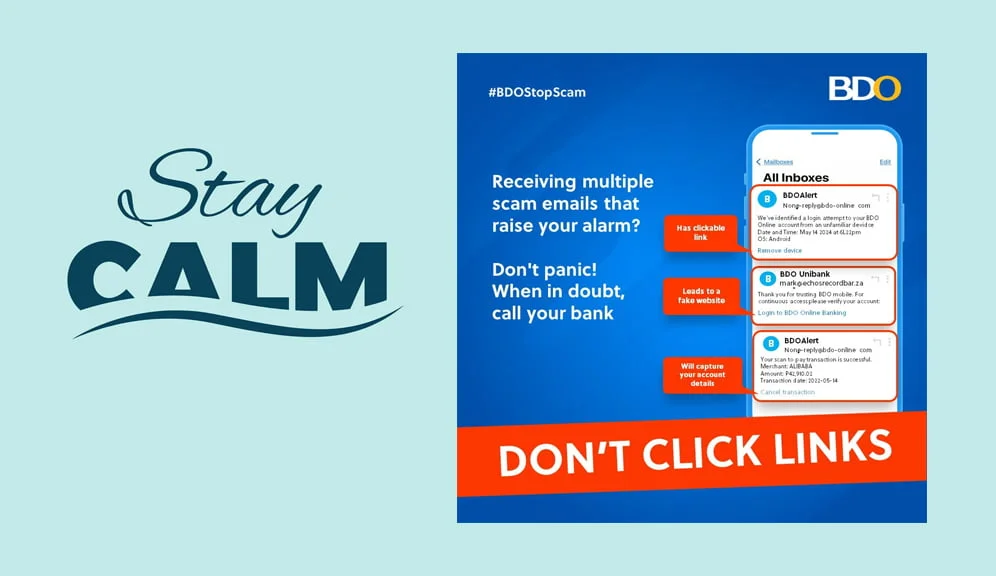 BDO says - stay calm - don't click links - scam - spam emails - online scammers