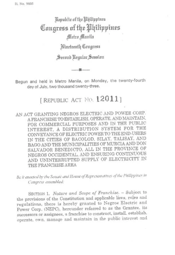 Republic Act Number 12011, Negros Power Franchise, Negros Power, NEPC, Negros Electric and Power Corporation, Bacolod City, Negros Occidental, CENECO, electric distribution utility, DU, Central Negros, Philippines, electricity, electric bill, President Ferdinand Marcos Jr, PBBM, Presidential Seal