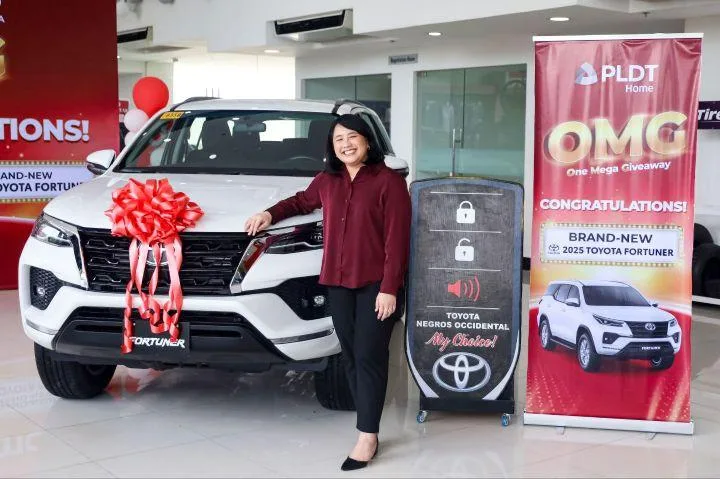 Andrea Sartorio of Bacolod is named the grand winner of a brand-new Toyota Fortuner in the PLDT Home One Mega Giveaway (OMG) Promo 2025.