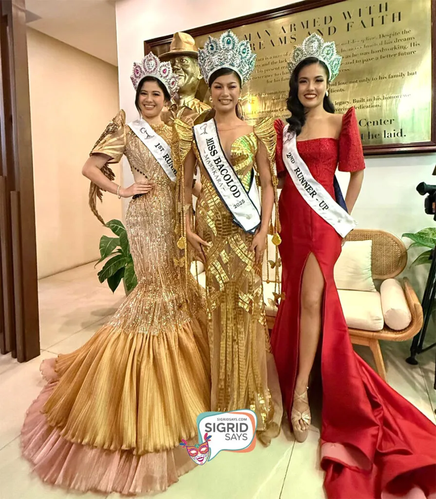 The new queens of Bacolod: Miss Bacolod Masskara 2025 Sophia Kaye Zaragoza (center), flanked by 1st Runner-Up Ysa Wuthrich (L) and 2nd Runner-Up Mary Angelique Caballero (R).