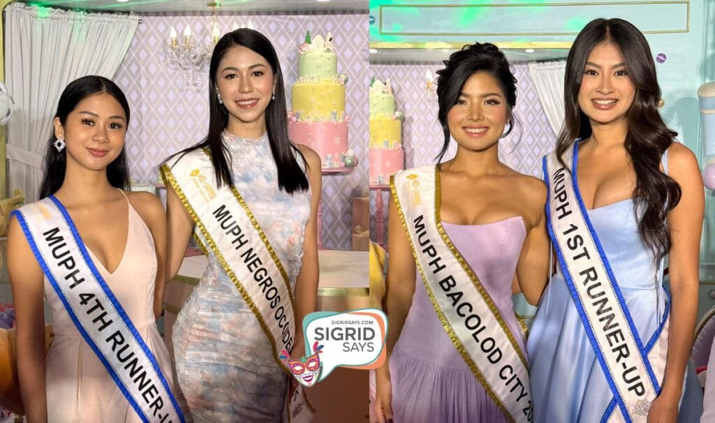 L-R: MUPH-Negros Occidental 2025 Maxine Louise Martin and MUPH-Bacolod 2025 Megan Larisse Baldevia (center), flanked by 4th Runner-Up Kylah Grace Giganto and 1st Runner-Up Alex Colmenares.